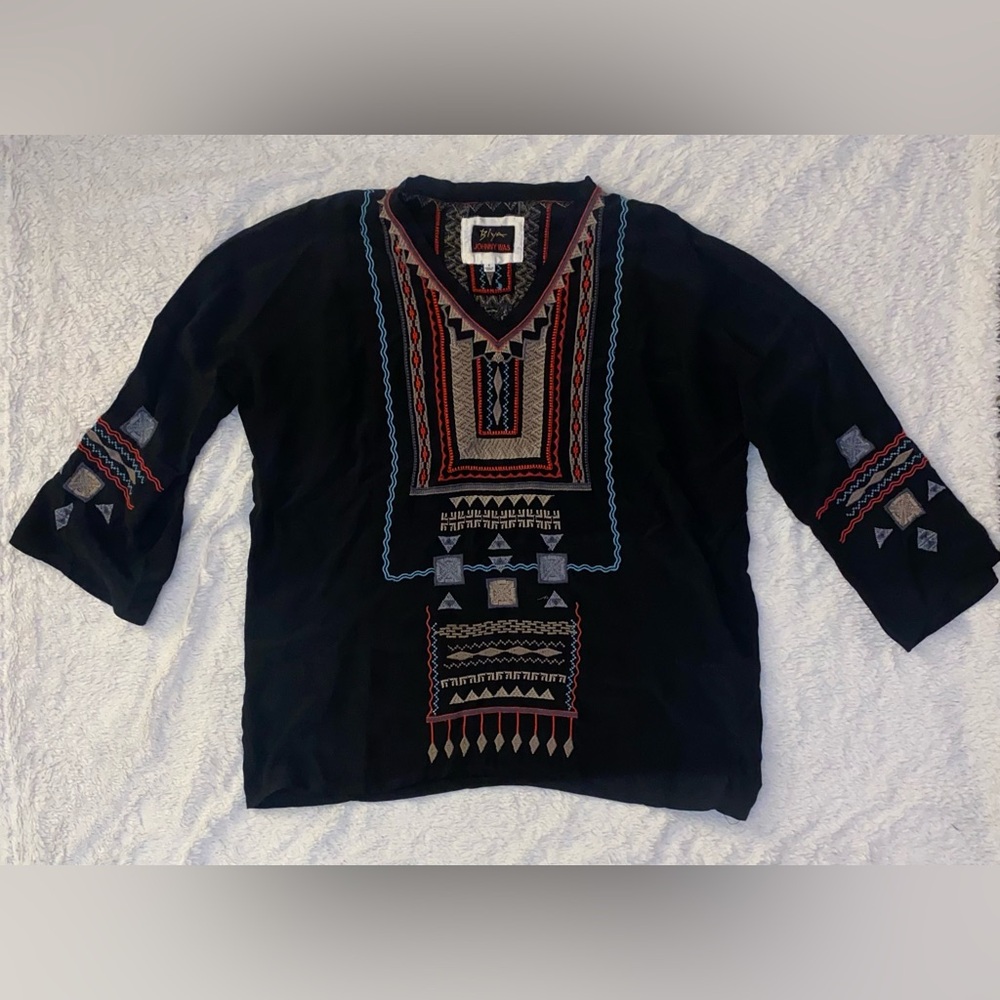 BIYA By Johnny Was Black V-Neck Silk Tunic with Multicolor Geometric Embroidery
